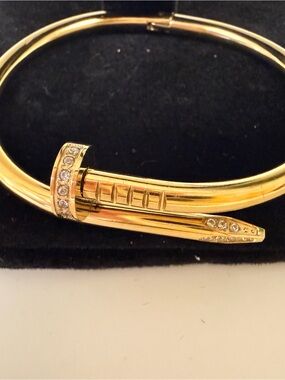 Gold Nail-Inspired Crystal Accent Bangle Bracelet for Women